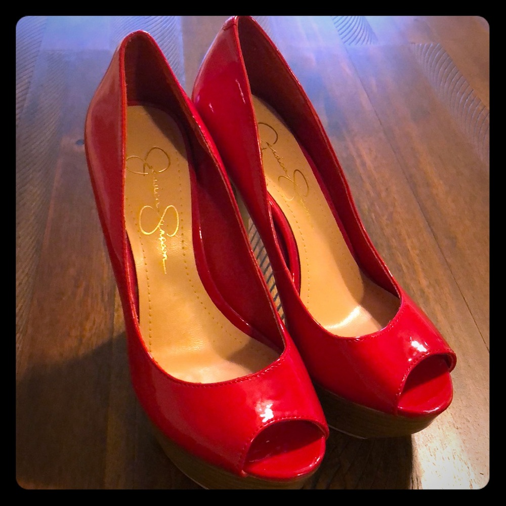 Beautiful open toe red patent high heeled pumps